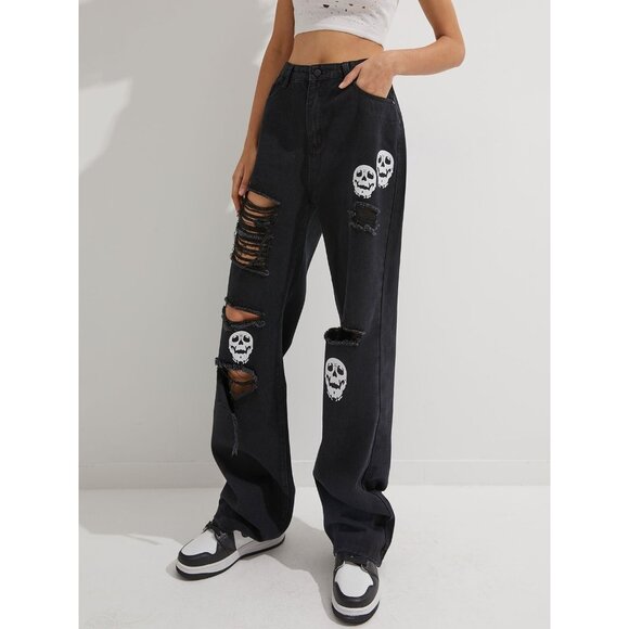 Romwe Grundge Gothic Black Skull Jeans Size Small,Y2K,Teens,High‎ Rise - Picture 1 of 15